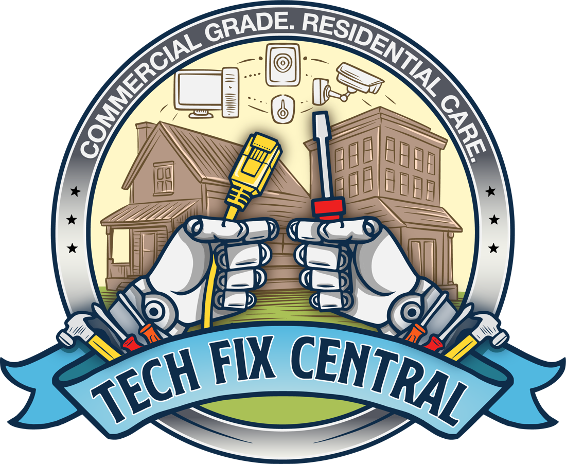 Tech Fix Central badge: two robot hands holding a network cable and a screwdriver in front of a house and an office building